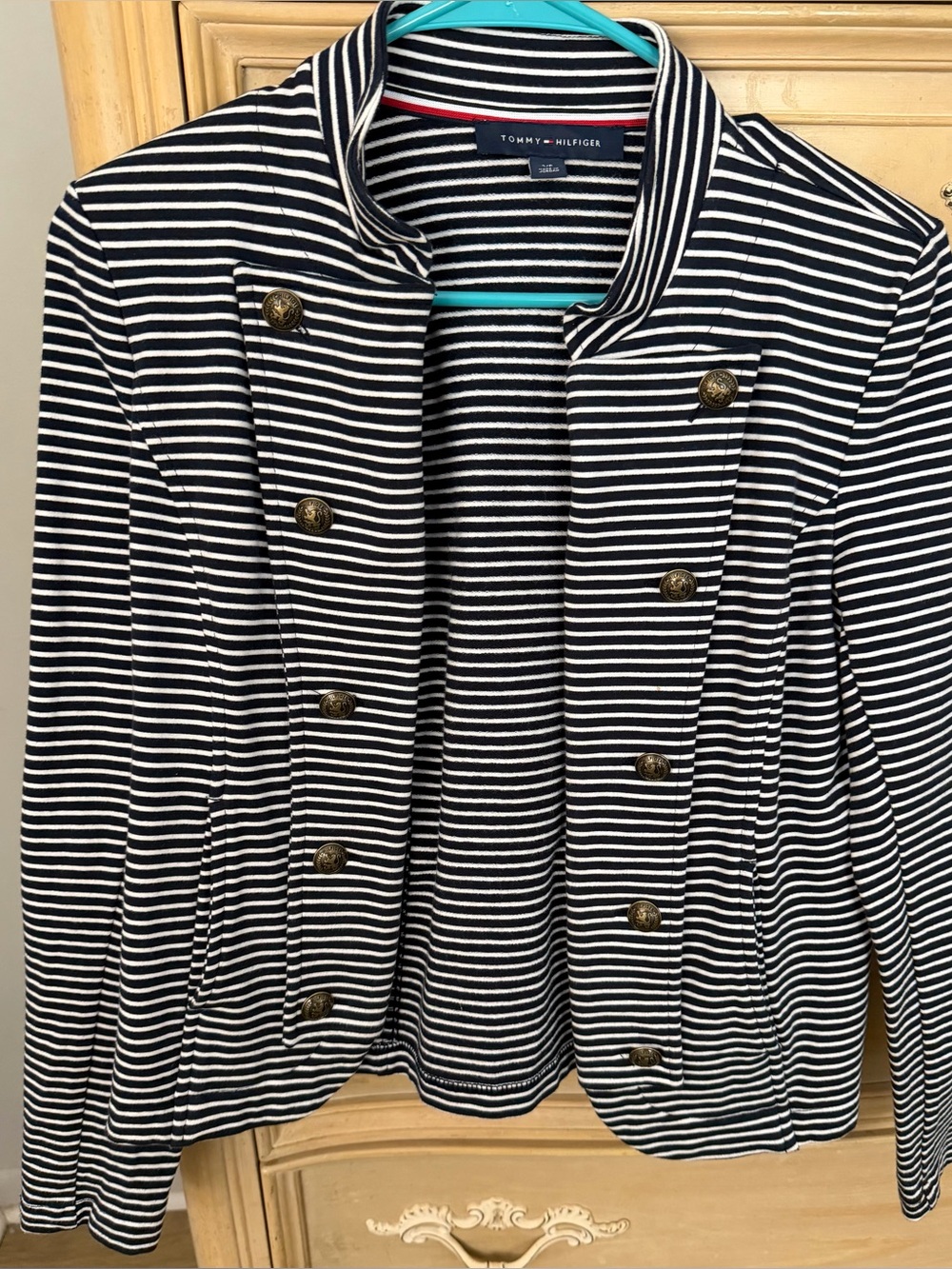 Tommy Hilfiger Navy and White Striped Military-Style Blazer